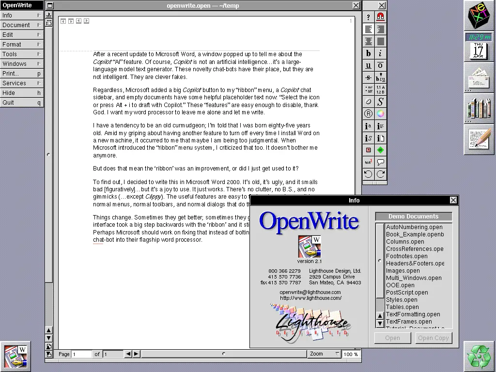OpenWrite 2 on NeXTStep 4